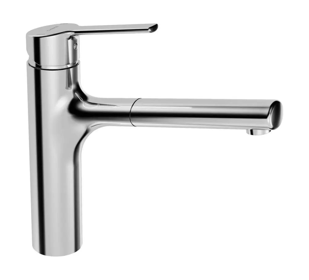 Küchenarmatur mit einem Hebel von HANSA, aus verchromtem Metall, mit einem schlanken, modernen Design und einer langen Ausladung für praktische Nutzung.